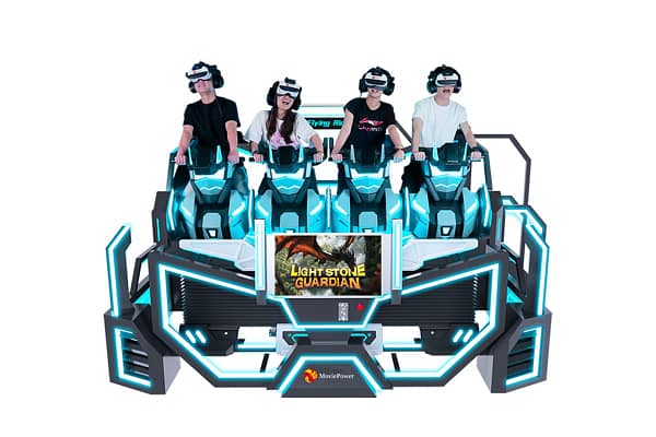 VR Sky Rider Cinema σε λειτουργία - τέσσερις παίκτες με VR headsets σε κινούμενα καθίσματα