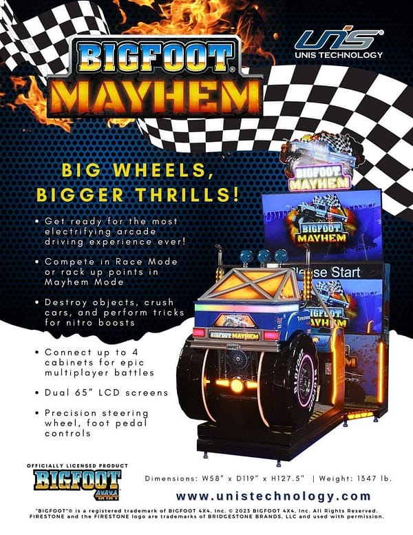 Επαγγελματικό arcade παιχνίδι Bigfoot Mayhem τύπου racing με καμπίνα monster truck.